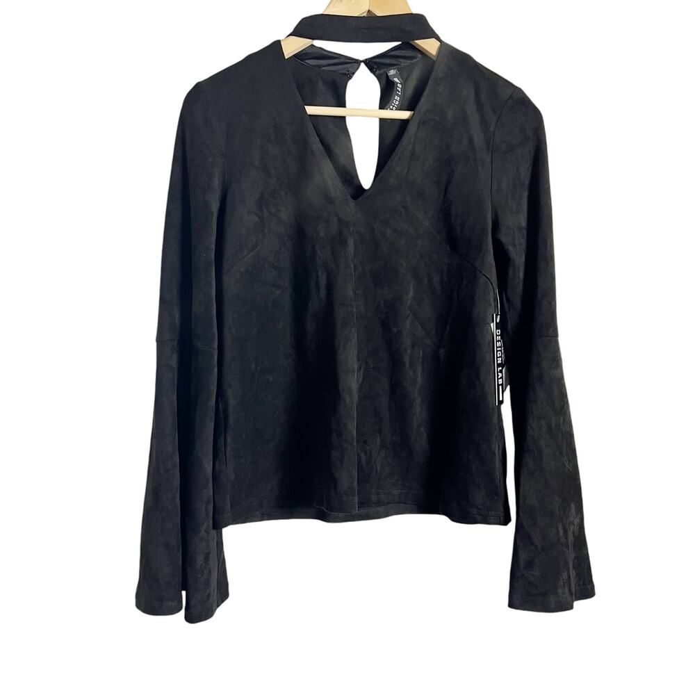 Design Lab Lord & Taylor Black Long Bell Sleeve Faux Suede Keyhole Top Size S